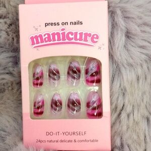 Manicure medium ballerina purple silver marble design false nails NWT